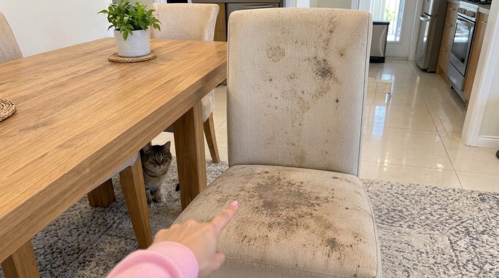 A beige upholstered dining chair heavily stained with dark mottled dirt spots on both its seat and backrest A person s h
