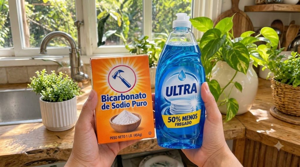 Two hands holding a box of baking soda and a bottle of dish soap against a blurred background of green plants near a win
