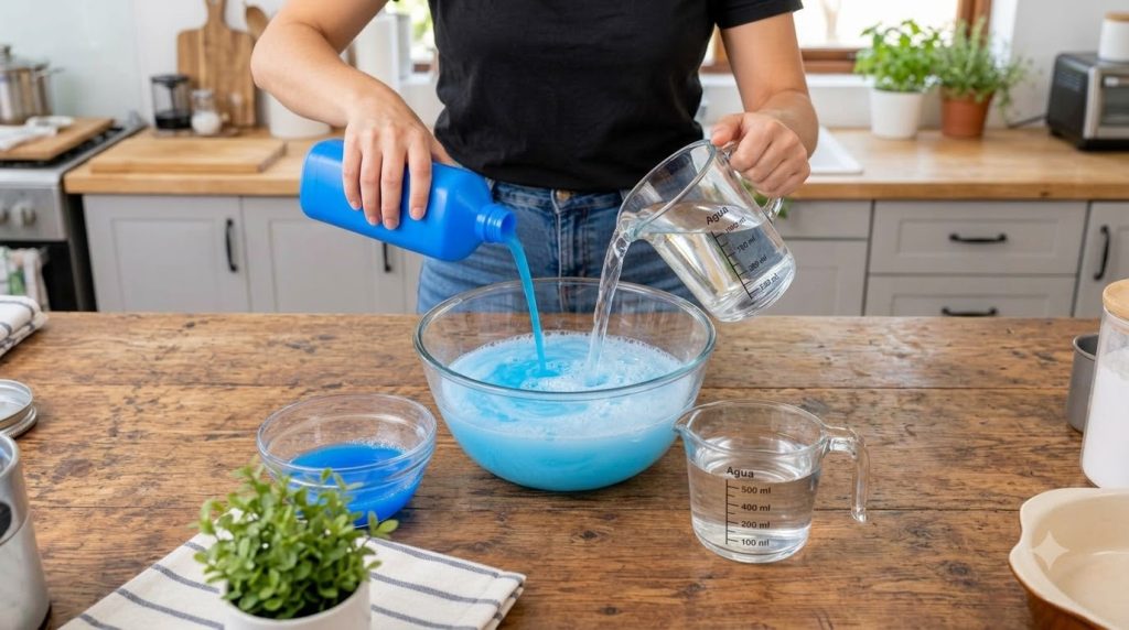 Hands pouring water and blue liquid into a clear glass bowl on a rustic wooden table representing the first step of mixi