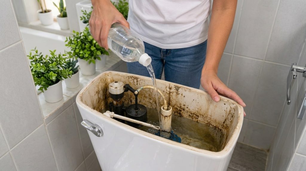 A close-up shot of a person pouring white vinegar into a dirty toilet tank highlighting the cleaning process