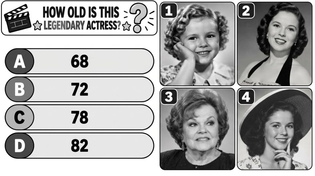A black and white quiz titled How old is this legendary actress featuring four distinct portraits of Shirley Temple at d