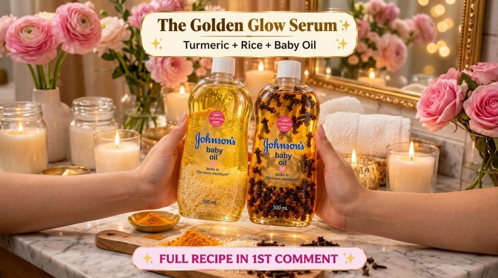 Two hands holding bottles of baby oil infused with rice and cloves with piles of turmeric rice and cloves on a wooden bo