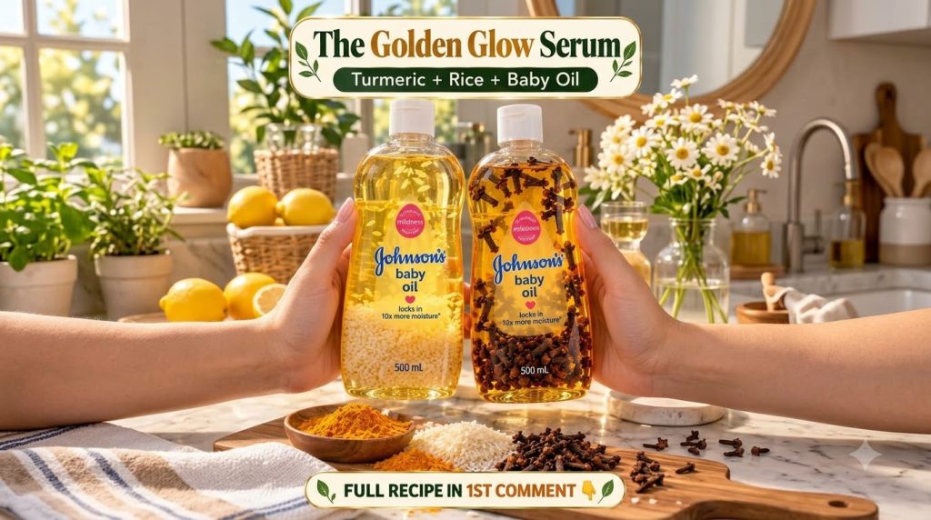 Hands holding bottles of baby oil infused with rice and cloves with turmeric powder rice grains and whole cloves on a wo