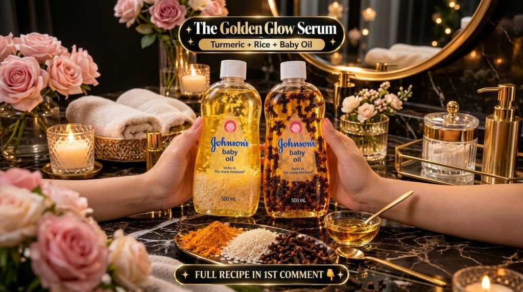 Two bottles of golden glow serum one with rice one with cloves held by hands with raw ingredients turmeric rice cloves o