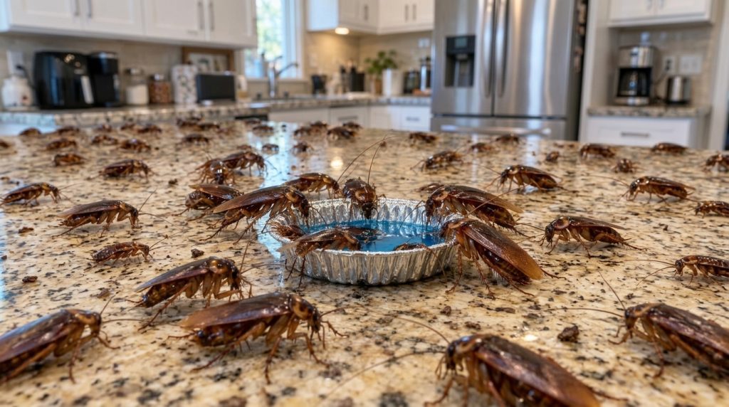 A close-up of a homemade cockroach liquid bait in a small aluminum foil dish attracting numerous cockroaches on a kitche