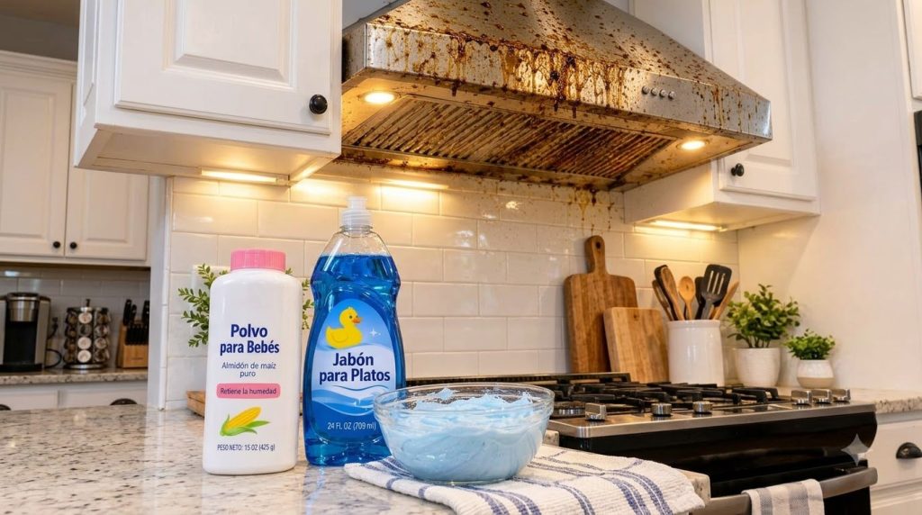 Kitchen counter with baby powder and dish soap bottles and a bowl of blue cleaning mixture with a heavily greasy stainle