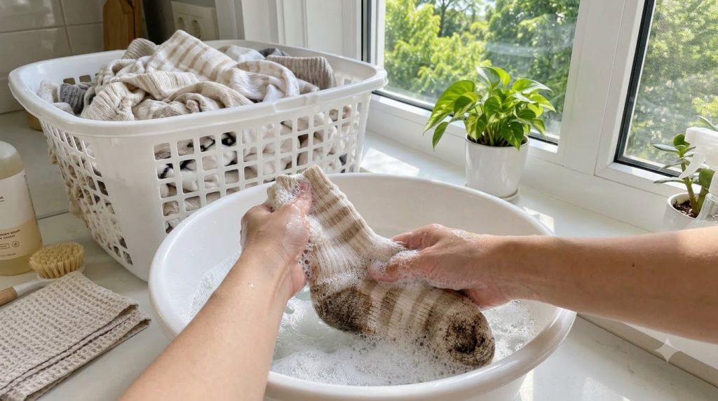 Close-up of hands washing a dirty beige and white striped sock in a white plastic basin with foamy soapy water A laundry