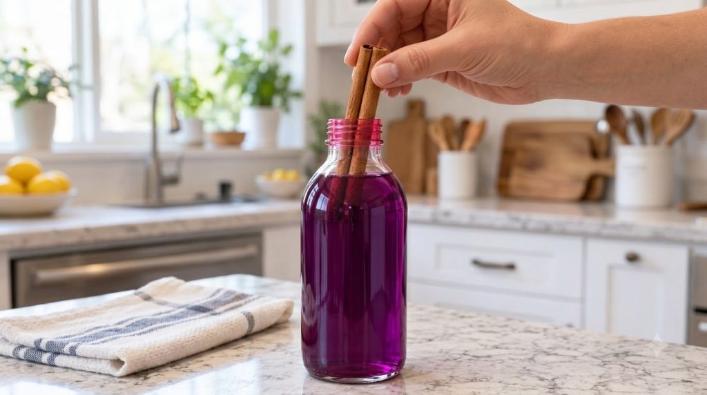 Una mano coloca palitos de canela en una botella de vidrio transparente con un líquido púrpura brillante sobre un fondo 
