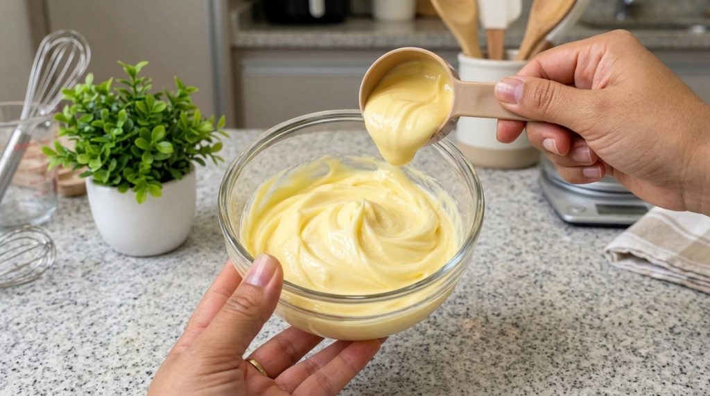 A close-up high-angle shot captures a hand holding a clear glass bowl filled with a smooth light yellow creamy substance