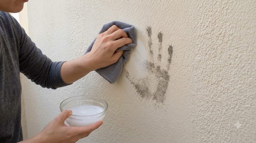 A person s hands cleaning a dark grey handprint from a light beige textured wall using a clear glass bowl with milky whi