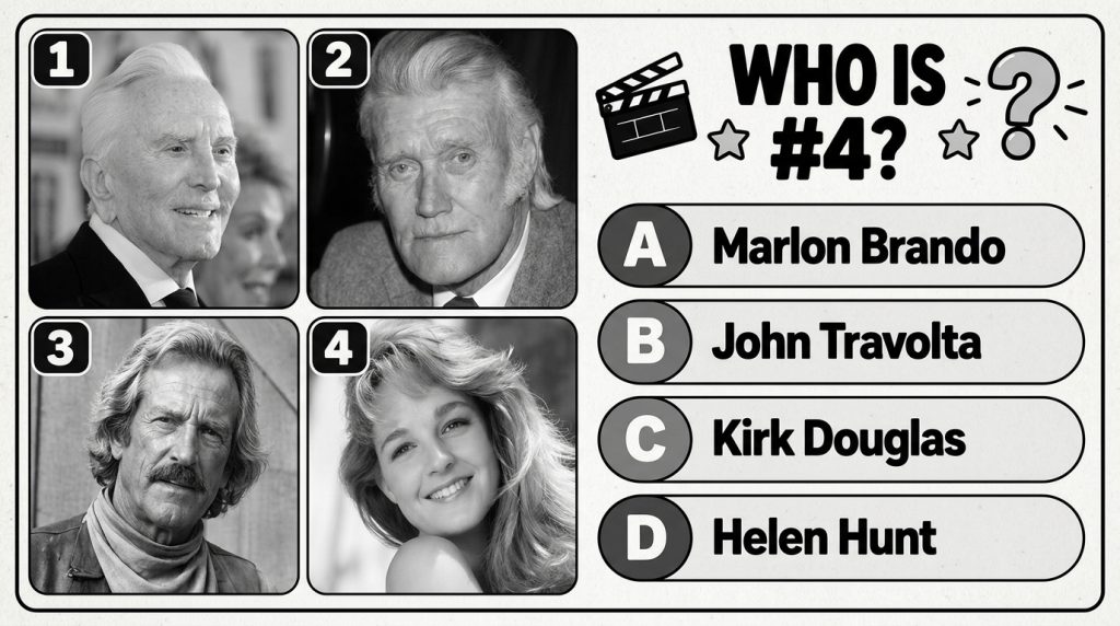 A black and white quiz graphic with four numbered headshots of classic actors and actresses and multiple-choice answer o