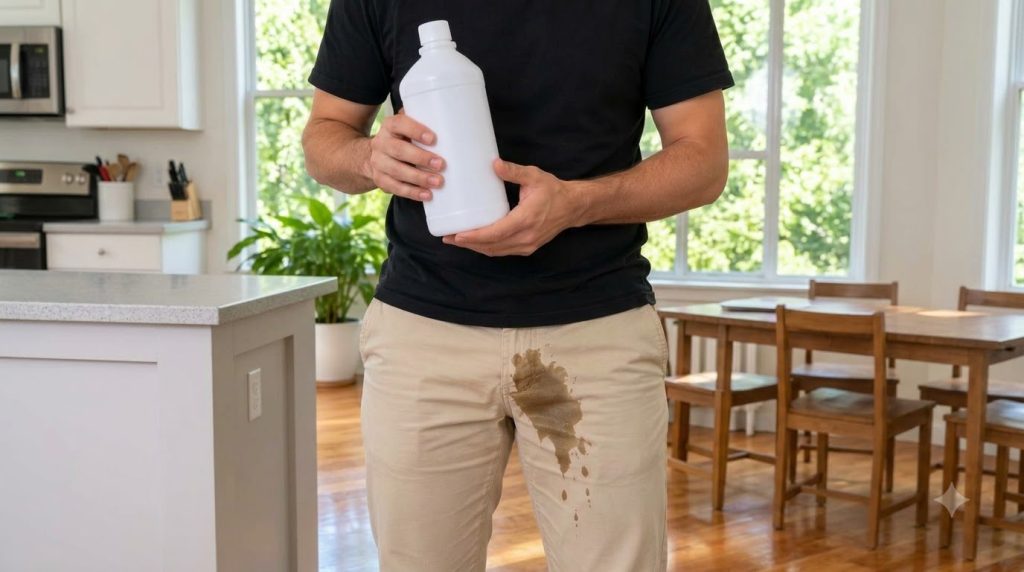 A close-up of a person s lower torso with a prominent dark liquid stain on light-colored pants holding a white cleaning