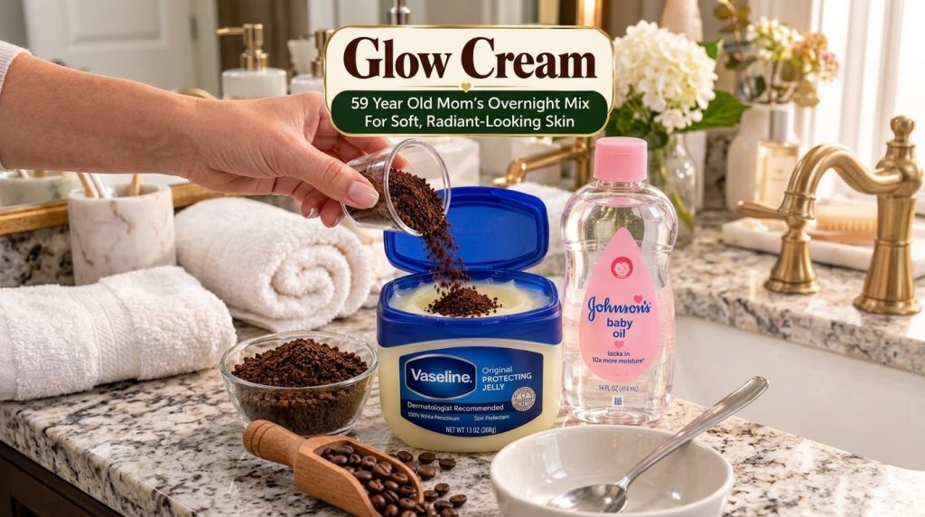 A hand pouring coffee grounds into a jar of Vaseline with a bottle of baby oil and loose coffee beans on a light counter