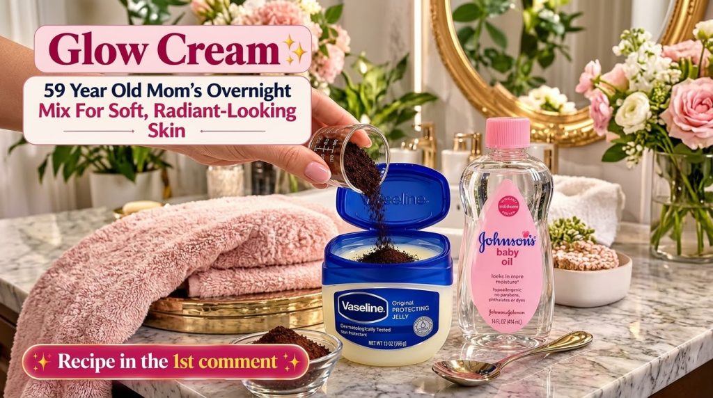 A hand pouring coffee grounds into a tub of Vaseline with baby oil and a spoon nearby on a marble counter