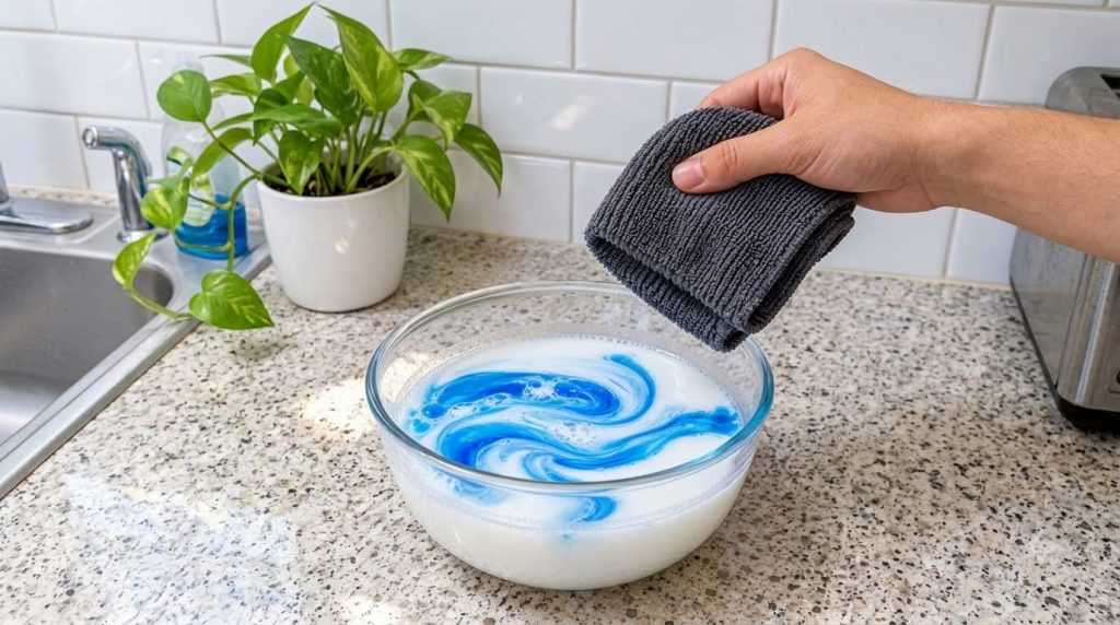 Hand mixing a blue liquid into a white creamy cleaning solution in a glass bowl with a microfiber cloth nearby on a kitc