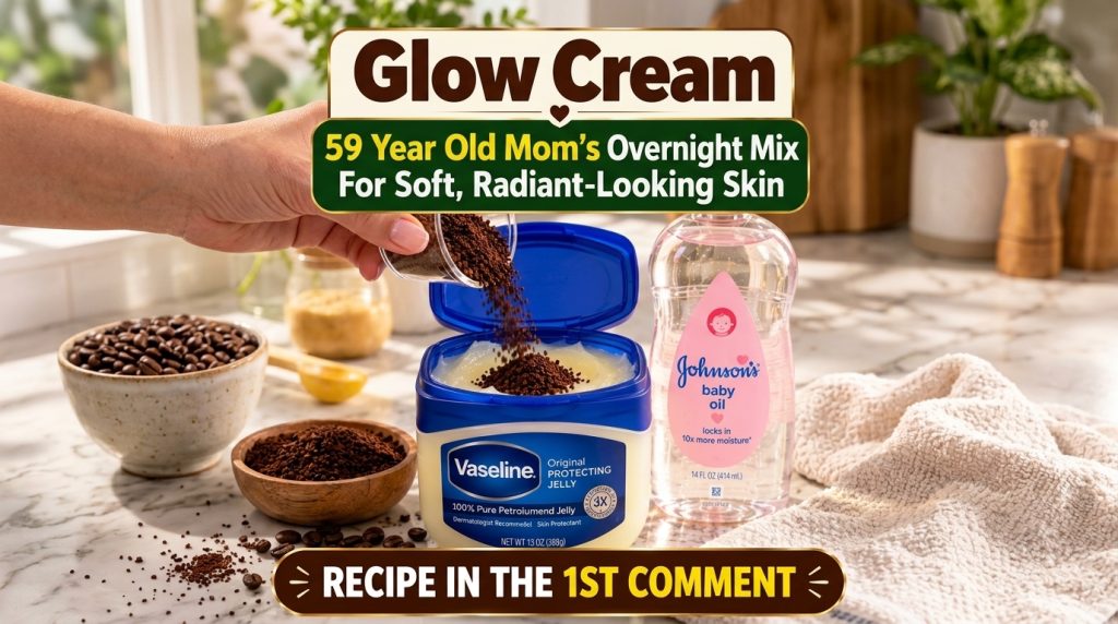 A hand pouring coffee grounds from a small glass into a tub of Vaseline with a bottle of baby oil next to it on a marble