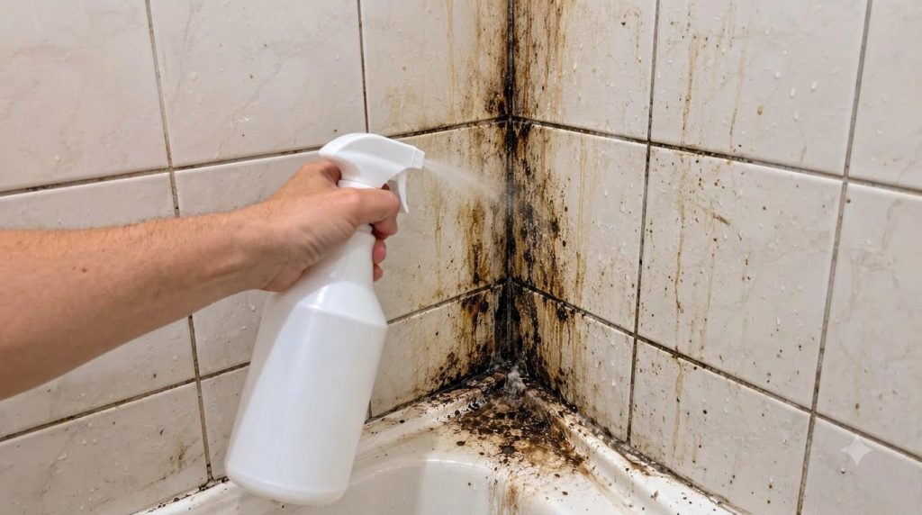 A hand holding a white spray bottle actively spraying liquid onto a heavily soiled bathroom corner with dark grout lines