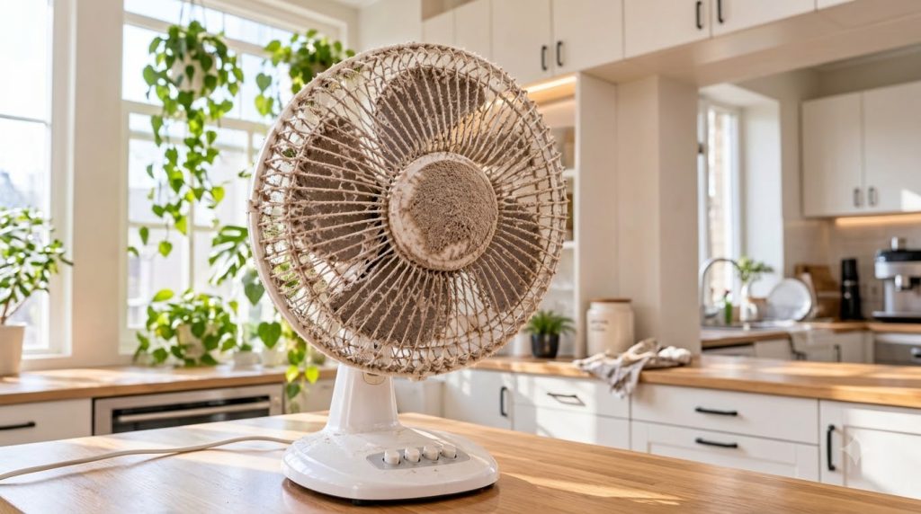 A close-up of a white electric desk fan heavily caked with brownish-grey dust on its protective grille and central hub s