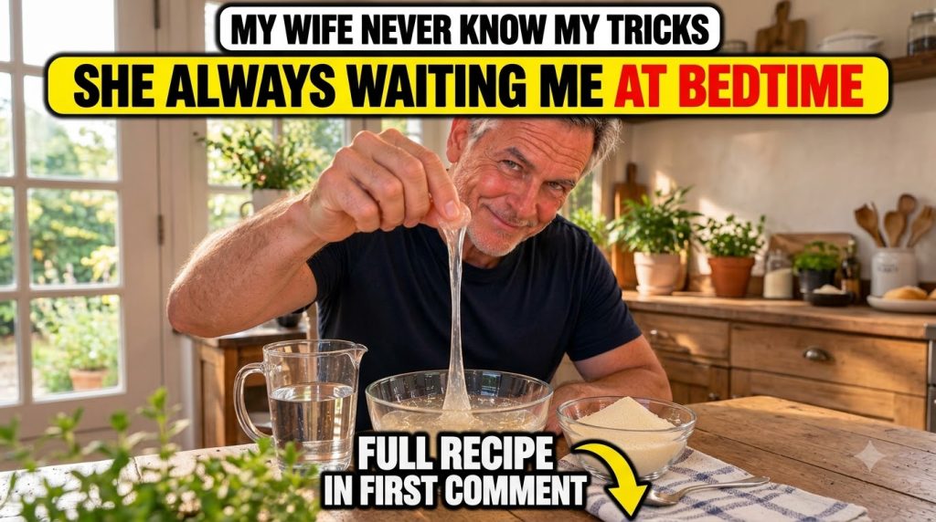 A smiling gray-haired man in a sunlit kitchen holding up a clear stretchy gel from a glass bowl