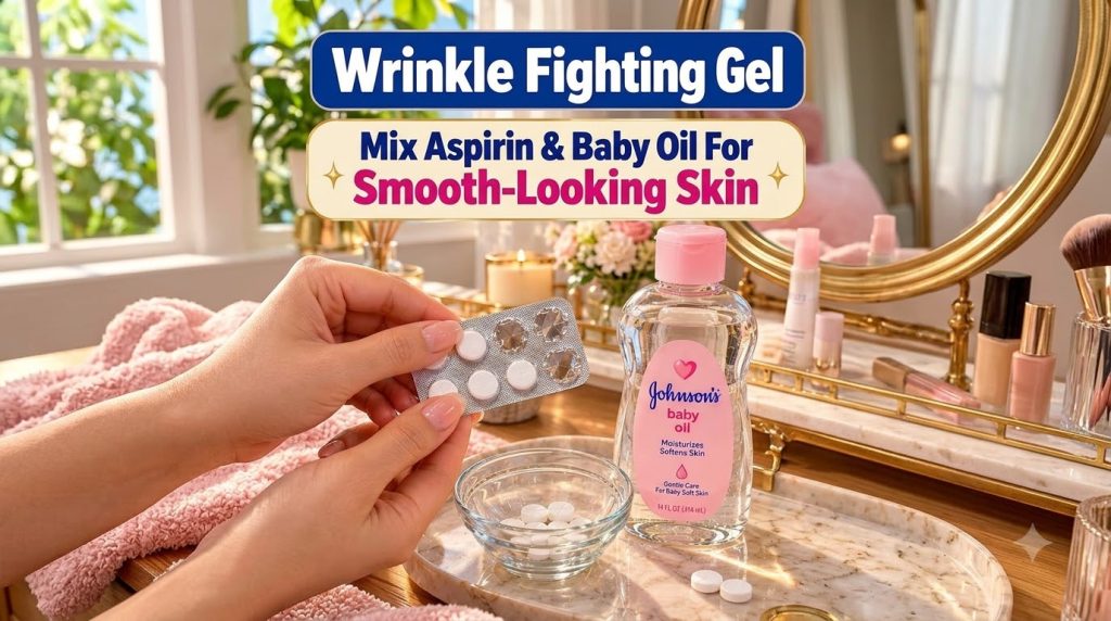 Hands holding a blister pack of white pills over a glass bowl with more pills next to a bottle of Johnson s baby oil on