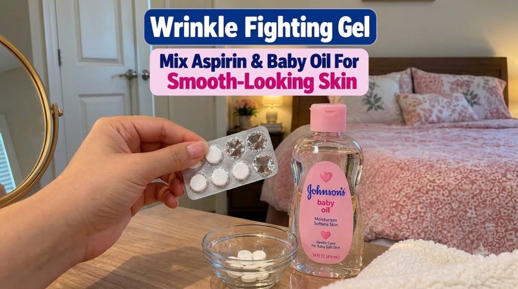 A close-up of a DIY beauty preparation setup on a wooden surface showing hands holding an aspirin blister pack a small g