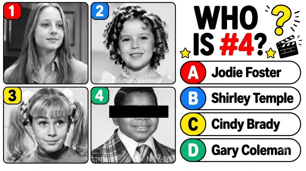 A black and white trivia quiz featuring four headshots of child actors The top section asks WHO IS 4 with decorative ele