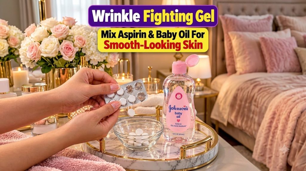 Hands holding a blister pack of aspirin pills over a small bowl of crushed pills next to a bottle of baby oil on a decor
