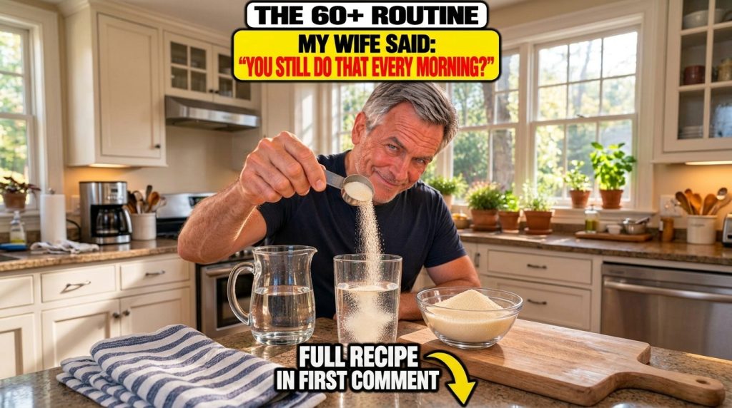 A smiling man in his 60s pours a granular substance from a spoon into a glass of water in a brightly lit kitchen