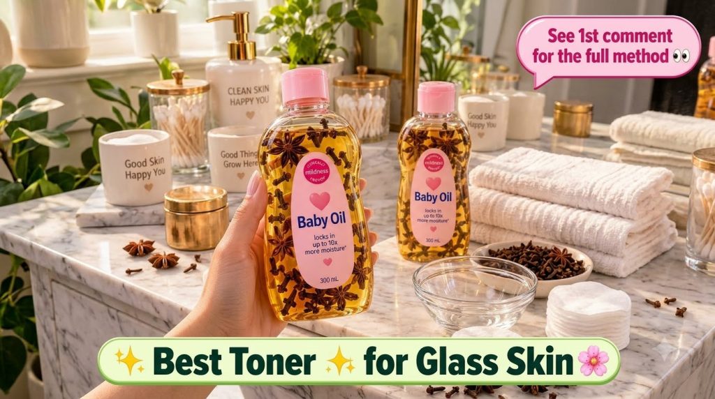 A hand holding a clear bottle of Baby Oil infused with star anise and cloves set against a bright bathroom vanity backdr