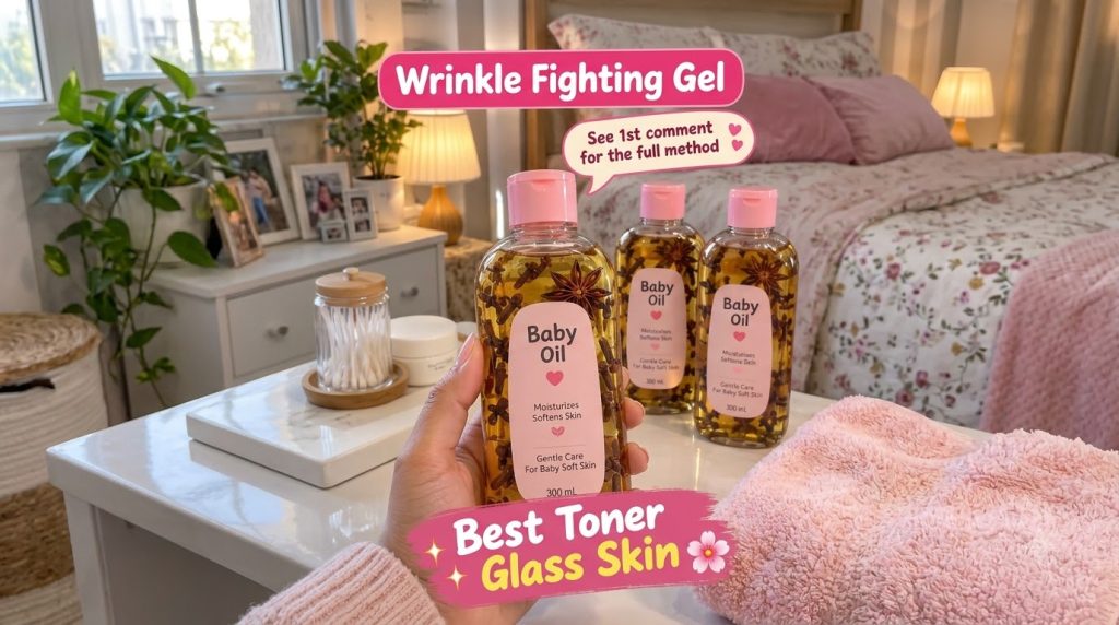 A hand holding a clear bottle of baby oil infused with cloves and star anise with other bottles and beauty items blurred
