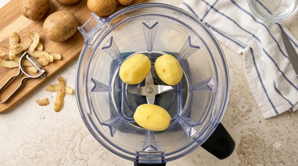 Three peeled potatoes one suspended above a clear blender with two inside ready to be blended