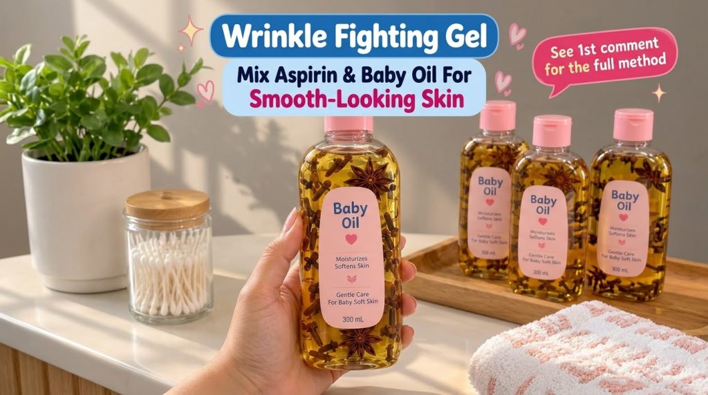 A hand holding a clear bottle of baby oil infused with whole cloves and star anise Two more similar bottles are in the s