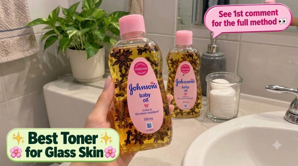 A hand holding a bottle of Johnson s Baby Oil infused with star anise and cloves Another similar bottle is out of focus 