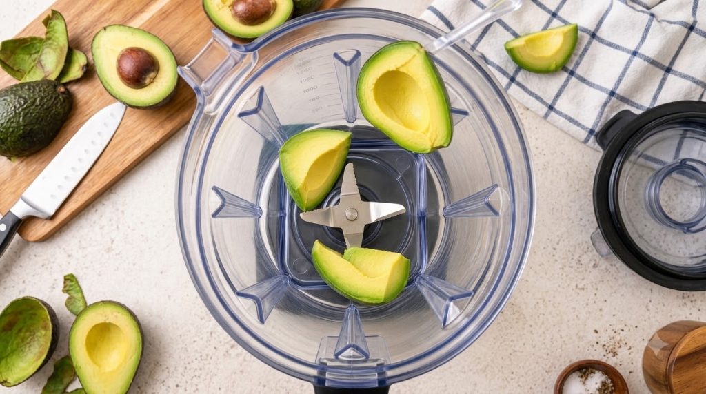Avocado pieces a whole avocado half and avocado wedges are placed inside a clear blender jar ready to be blended