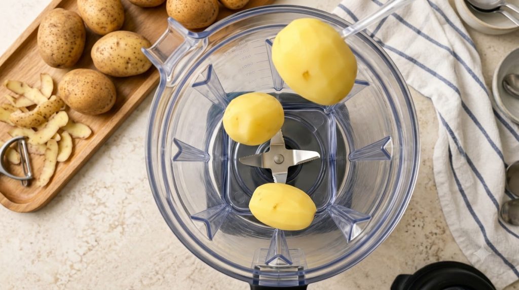 Three peeled potatoes one falling into the blades of a clear plastic blender two resting on and near the blades overhead