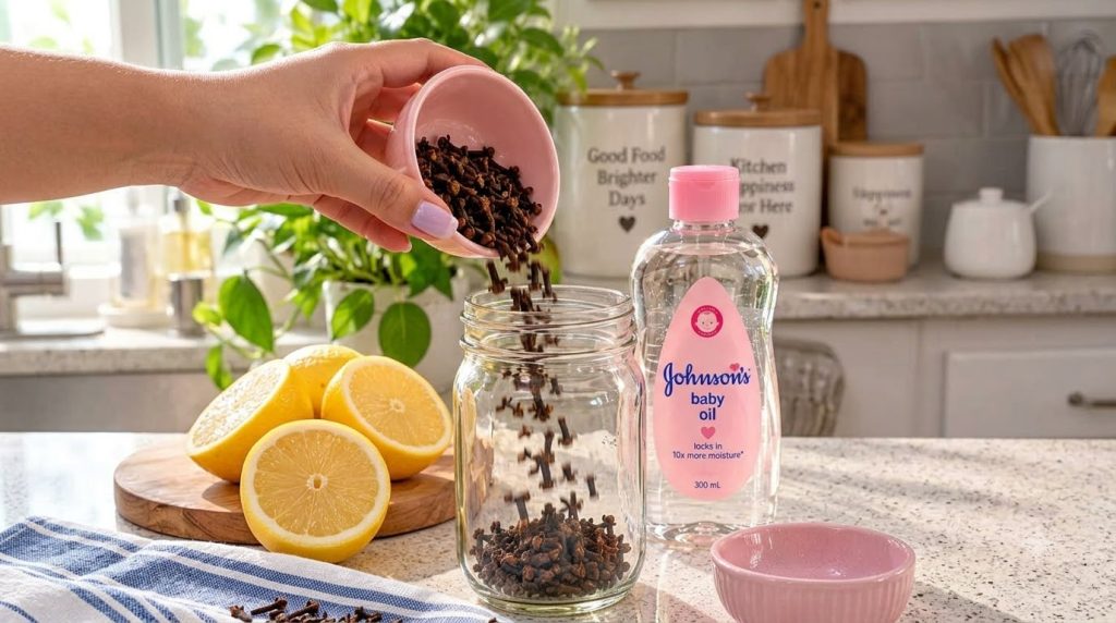 A hand pouring whole cloves from a small pink bowl into a clear glass jar on a bright kitchen counter with a bottle of b