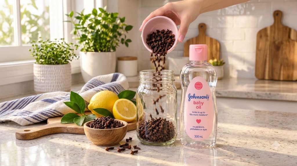 A hand pouring dried cloves into a clear glass jar containing baby oil with fresh lemons and whole cloves arranged on a 