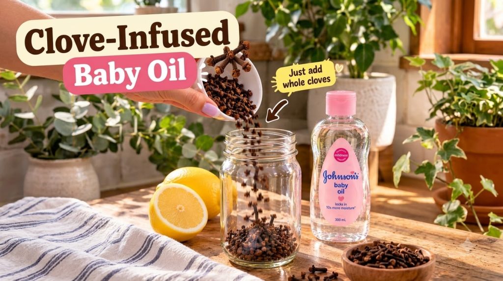 A hand pouring whole cloves into a glass jar next to a bottle of baby oil and a halved lemon on a wooden surface