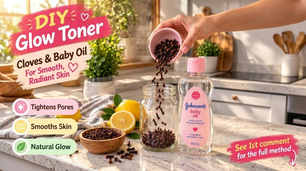 A close-up high-angle shot of a hand pouring dried cloves into a clear glass jar with a bottle of baby oil and sliced le