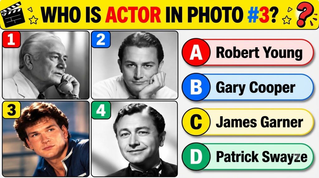 A multiple-choice quiz poster featuring four photos of actors with Patrick Swayze in color as photo 3 asking WHO IS ACTO