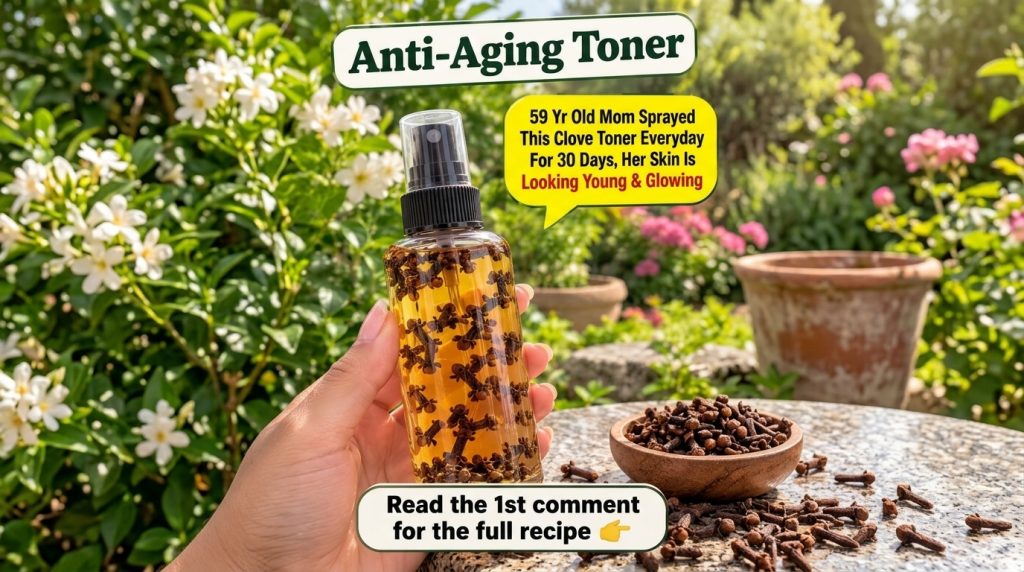 A hand holding a clear spray bottle filled with amber liquid and whole cloves with a small wooden bowl of cloves and sca