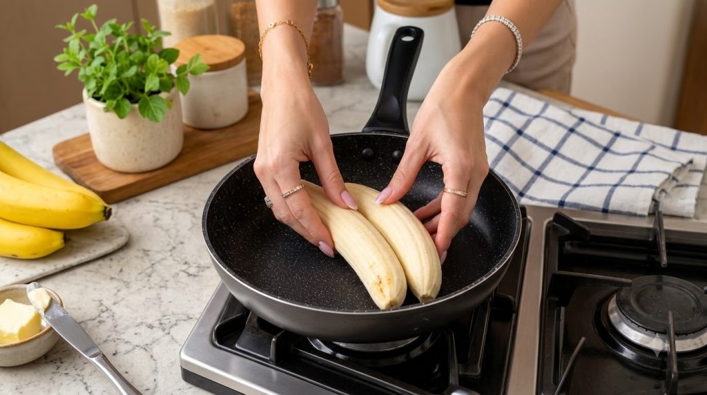 Hands placing peeled banana halves into a hot black non-stick frying pan viewed from an overhead perspective