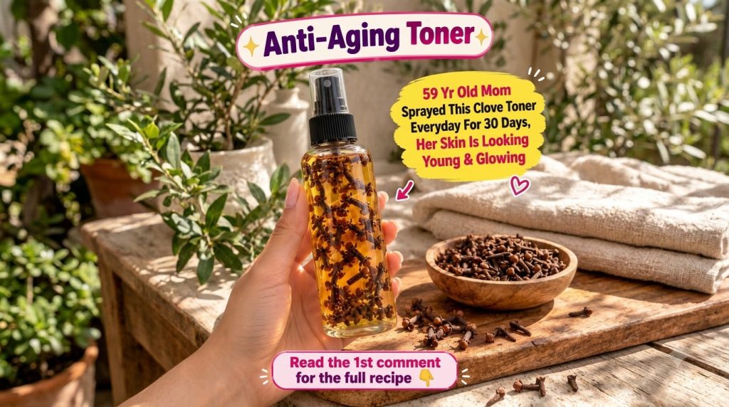 A hand holding a spray bottle filled with clove-infused liquid against a rustic wooden background with loose cloves and