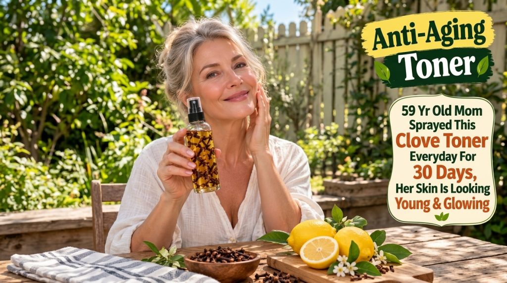 A smiling woman appearing to be in her late 50s holding a spray bottle filled with clove toner touching her glowing chee