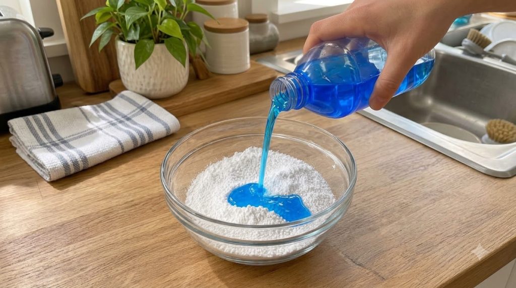 Una mano vertiendo un líquido azul vibrante de una botella en un cuenco con polvo blanco