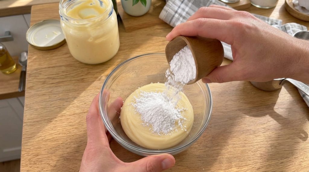 A person s hands are pouring powdered sugar from a wooden cup into a glass bowl with a yellow creamy substance A jar of 