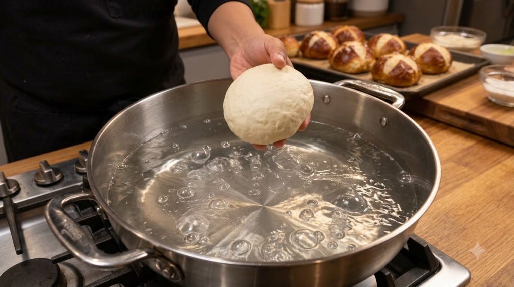 A bowl of risen bread dough looking light and airy
