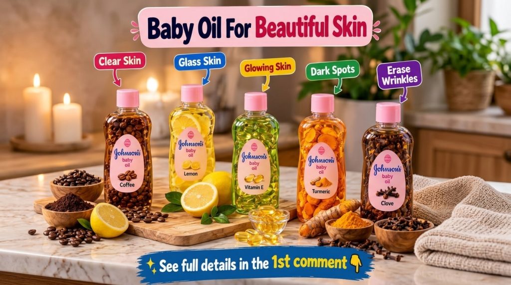 Five bottles of Johnson s baby oil each with a different natural ingredient coffee lemon vitamin E turmeric clove arrang