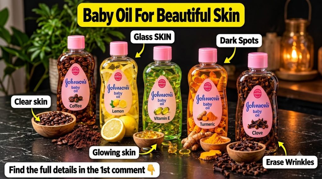 Five bottles of Johnson s baby oil infused with coffee lemon vitamin E turmeric and clove surrounded by their raw ingred