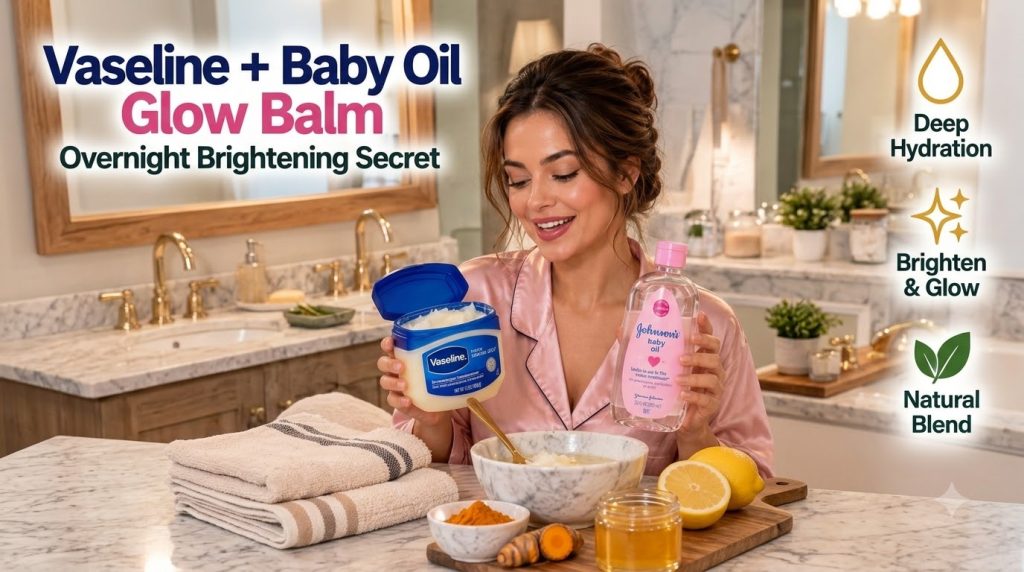 A smiling woman in pink silk pajamas holding Vaseline and baby oil looking at a marble bowl with a mixture Surrounding h